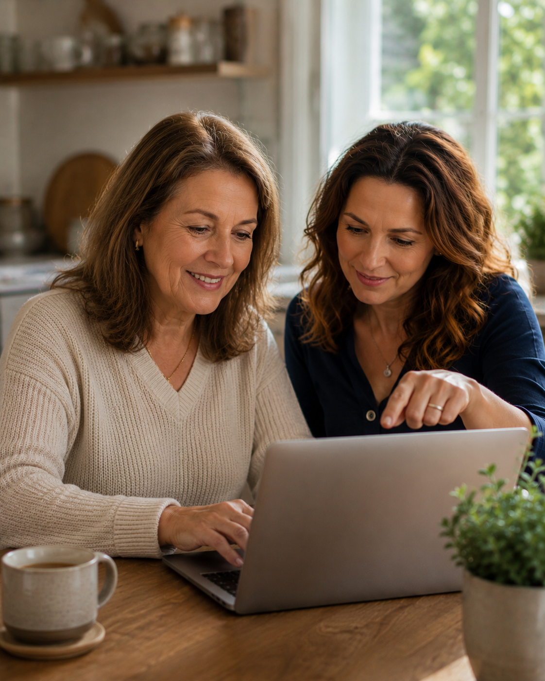 A patient Crypto Ladder guide helping a client buy her first cryptocurrency on a laptop at her kitchen table